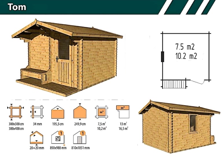 Timber cabin "Tom" 3×3m and 3×4m - finance available 