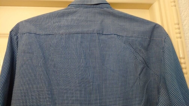 Vintage men's blue and white small check long sleeve shirt with button down collar by Savatini