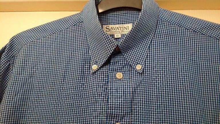 Vintage men's blue and white small check long sleeve shirt with button down collar by Savatini