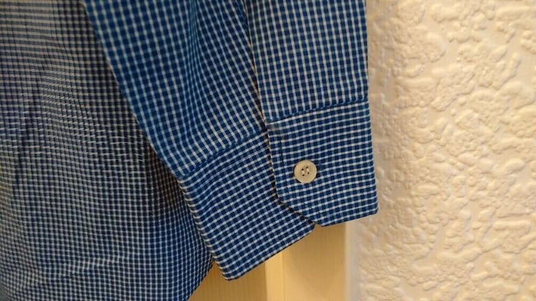 Vintage men's blue and white small check long sleeve shirt with button down collar by Savatini