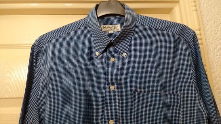 Vintage men's blue and white small check long sleeve shirt with button down collar by Savatini