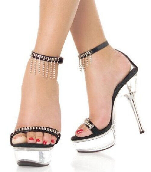 Pleaser Allure-663 Black Patent/Clear 5.5 in Stiletto Sandals - Size 7 USA, 4 UK
