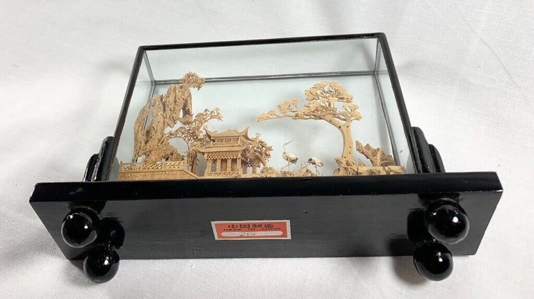 Vintage Chinese Carved Cork Diorama 20cm x 13.5cm