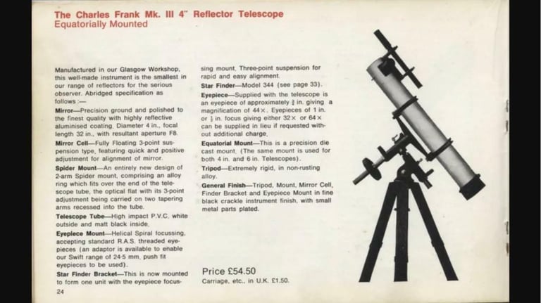 Charles Frank 1969 4”  antique   collectable Reflector Telescope 