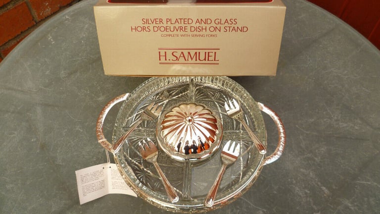 image for H.Samuel | Silver Plated Hors D'oeuvre Glass Dish With Serving Forks | New | Boxed