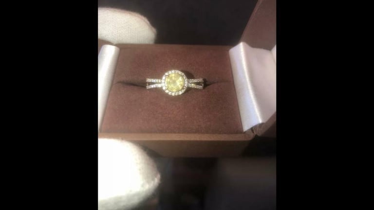 Natural canary yellow diamond gold halo ring 