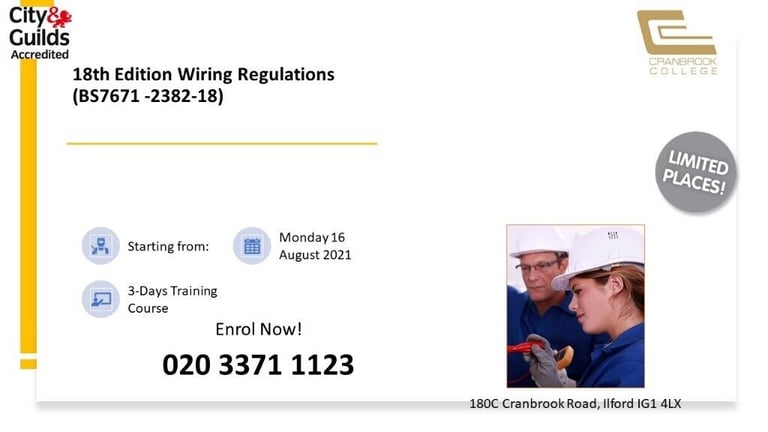 18th edition wiring regulations course Cranbrook college