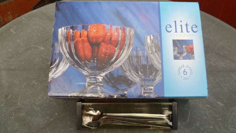 image for Elite Glassware | 6 Sundae Glasses Dishes Spoon Set | New | Boxed
