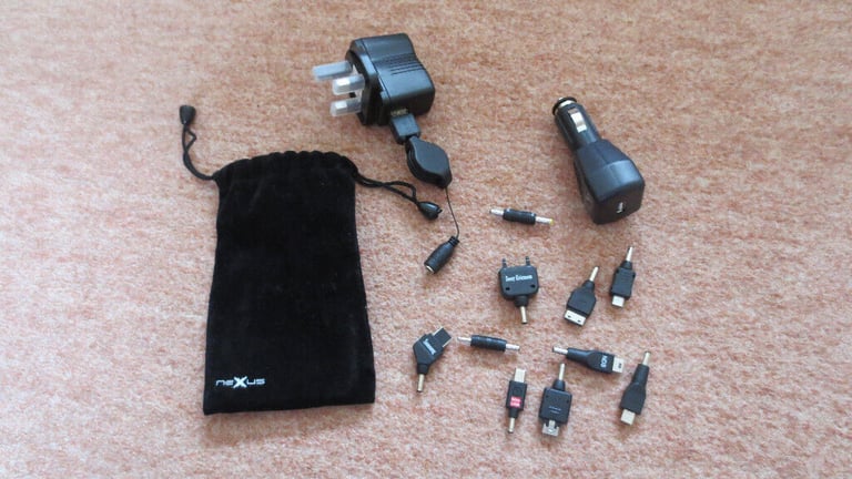 Nexxus Phone/Tablet Charger Kit comprising mains charger, car charger and 9 connectors