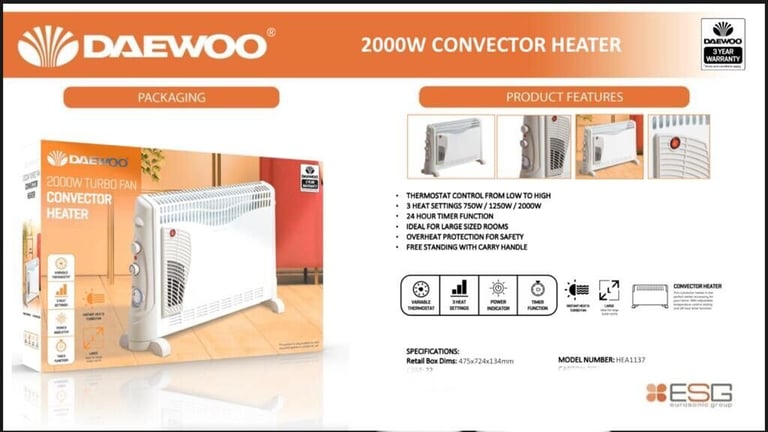 Convector Heater Turbo Fan 3 heat settings Daewoo