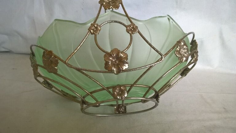 image for Vintage Green Glass Bowl In Chromed Metal flower Basket Frame