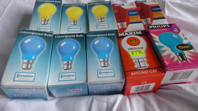 10 Party / Disco Light Bulbs, various colours. All bayonet fittings. All UNUSED, in makers’ boxes.