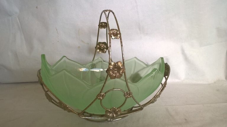 Vintage Green Glass Bowl In Chromed Metal flower Basket Frame