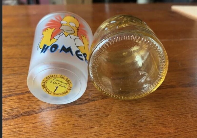 2x Shot Glasses - Simpson’s Homer Simpson & Yellow ‘Shots’ Script Pair Joblot