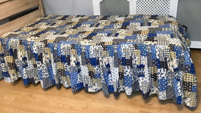 image for Vintage Retro 60's Blue Patchwork Flower Power Double Bedspread Valance Coverlet