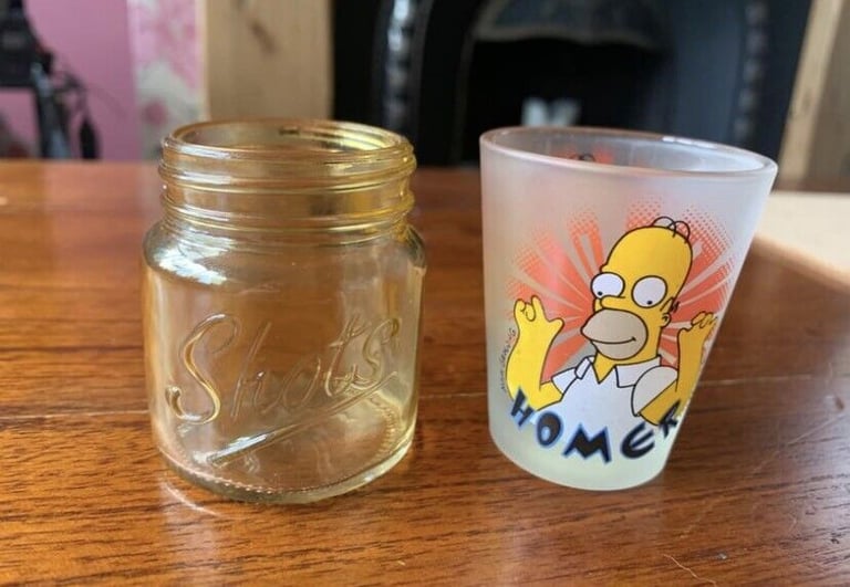 image for 2x Shot Glasses - Simpson’s Homer Simpson & Yellow ‘Shots’ Script Pair Joblot