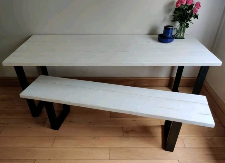 Rustic Dining Table (One Bench), with Industrial Steel Black Box Legs)
