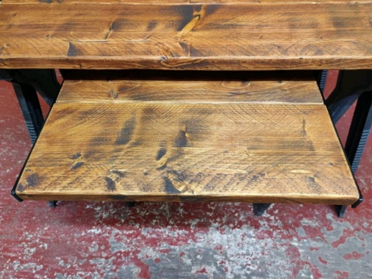 Rustic Desk, with Retractable Keyboard Shelf & Raw Steel Legs