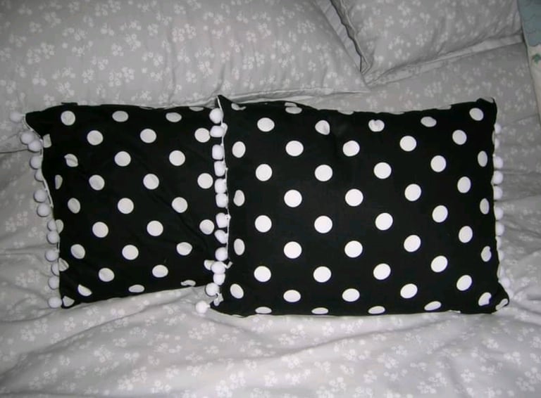 image for NEW Black cushions white spots & small white poms poms 2@ 14&quot;x10.5&quot;