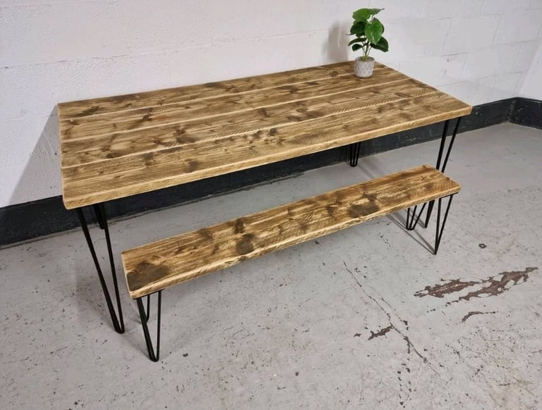 Rustic Dining Table (with One, or Two Benches) & Steel Hairpin Legs