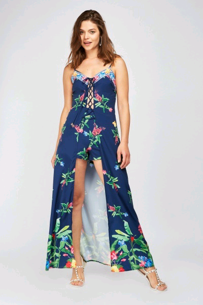 image for Stunning blue floral 2 piece summer maxi dress and shorts set bnwt