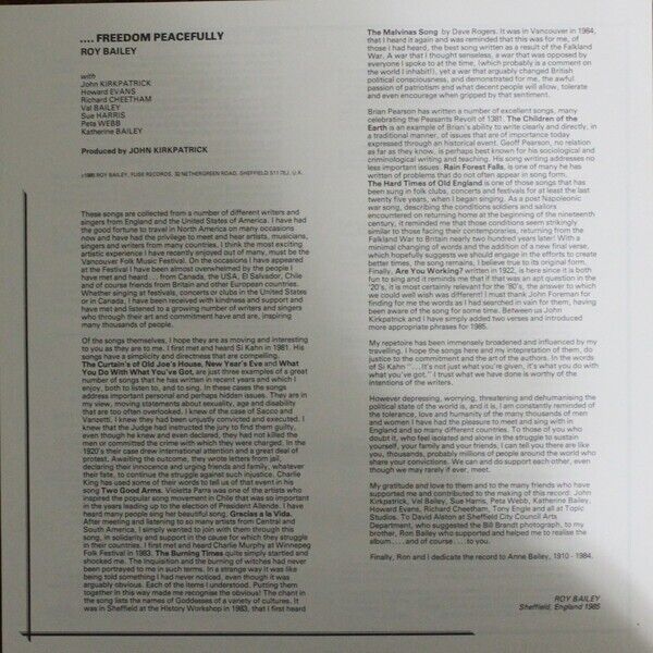 Roy Bailey ‎– ...Freedom Peacefully LP. Like New Lyric Inner And Sleeve £15