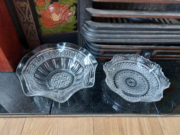 Two Vintage Wavy Edge Glass Display Bowls 