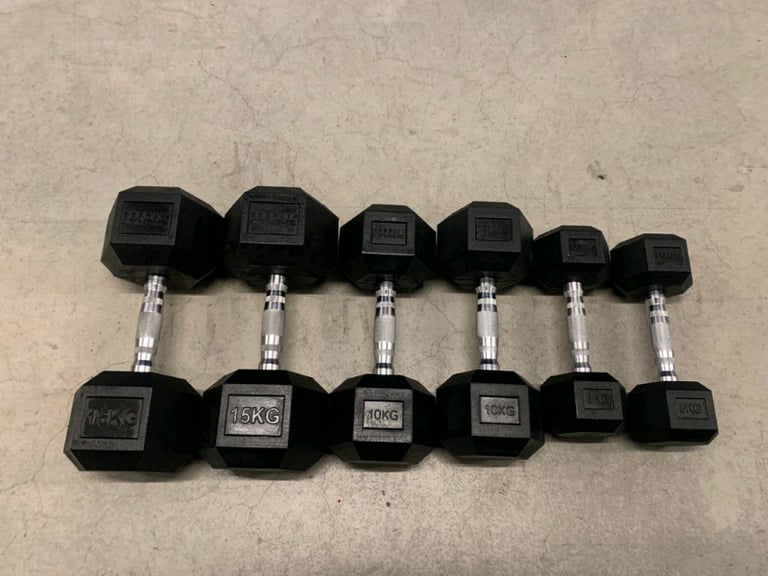 New- 2x15kg , 2x10kg and 2x5kg rubber hex dumbbells