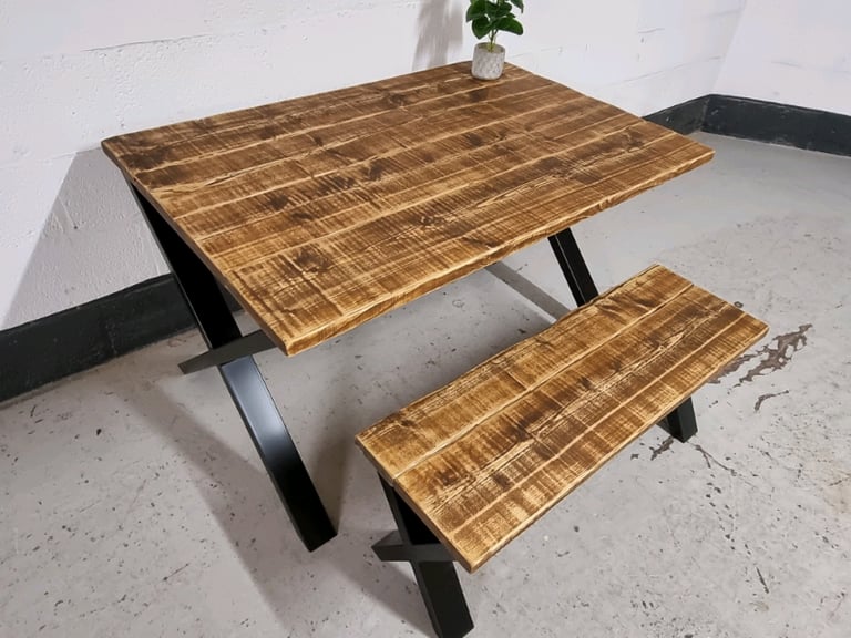 Rustic Dining Table & Benches, with Black Heavy Duty 'X Frame' Legs 