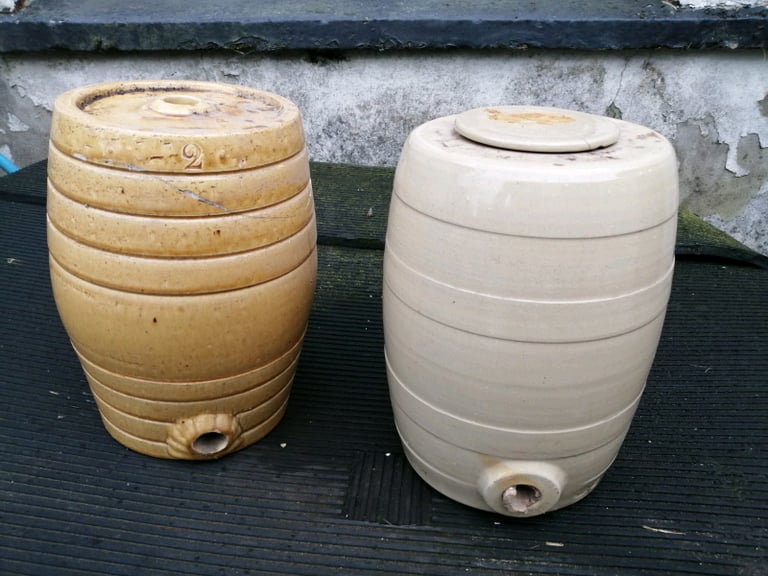 TWO GLAZED STONEWARE BARRELS *HOME BREW * 