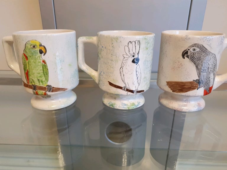 3 handpainted parrot mugs