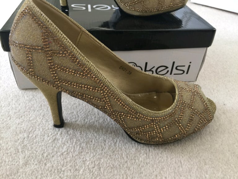 Ladies Gold Sparkly Diamante Open Toe, High Heel Party Shoes. Asian Si