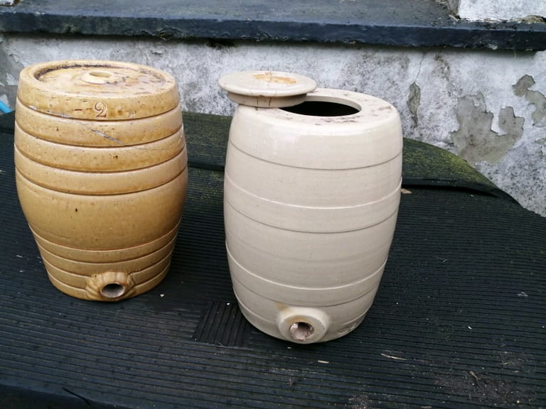 TWO GLAZED STONEWARE BARRELS *HOME BREW * 
