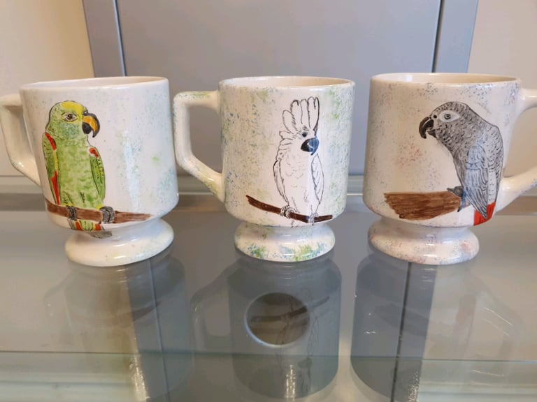 3 handpainted parrot mugs