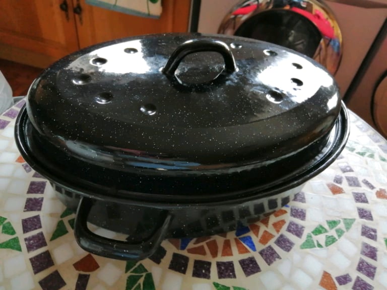 image for Large Black Enamel Casserole Dish with Lid and Handles 