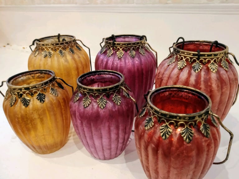 Set of 3 Moroccan Arabian Ramadan Indian Ethnic Frosted Tall Tea Light Holders