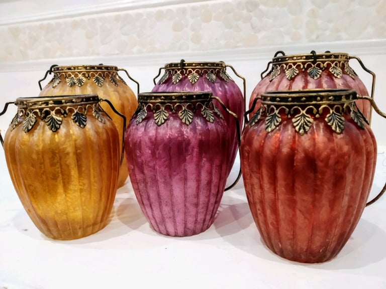 Set of 3 Moroccan Arabian Ramadan Indian Ethnic Frosted Tall Tea Light Holders