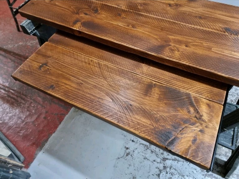 Rustic Desk, with Retractable Keyboard Shelf & Raw Steel Legs