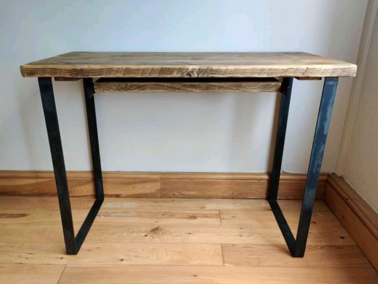 Rustic Desk, with Retractable Keyboard Shelf & Raw Steel Legs