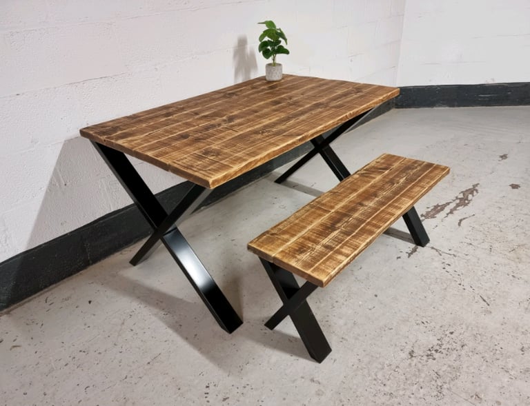 Rustic Dining Table & Benches, with Black Heavy Duty 'X Frame' Legs 