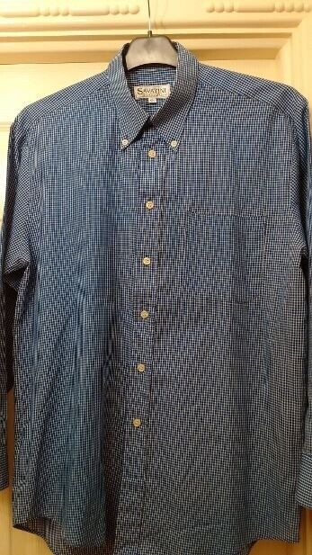 Vintage men's blue and white small check long sleeve shirt with button down collar by Savatini