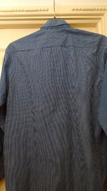 Vintage men's blue and white small check long sleeve shirt with button down collar by Savatini