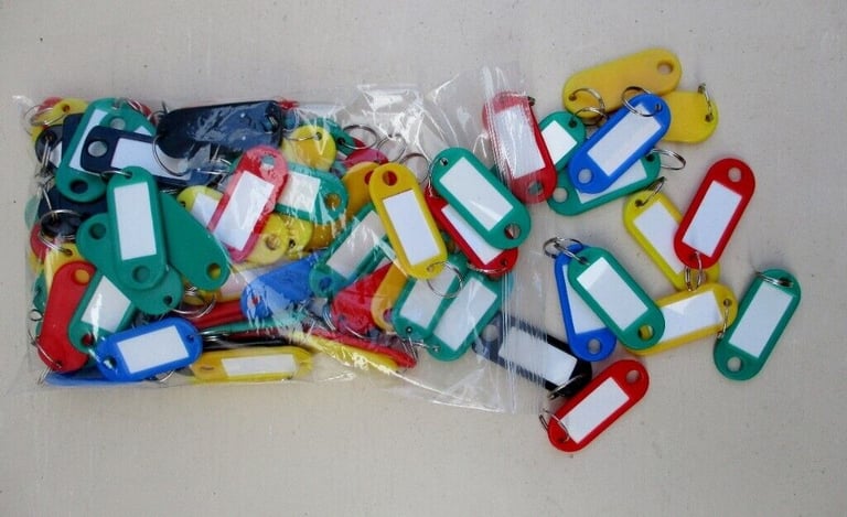 image for 100. NEW GOOD QUALITY ASSORTED PLASTIC KEY TAGS with NP SPLIT RINGS