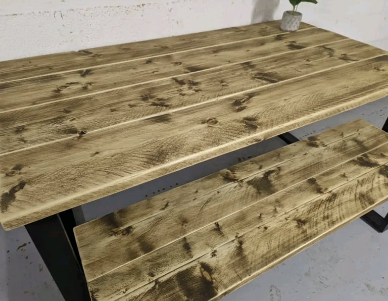 Rustic Dining Table (One Bench), with Industrial Steel Black Box Legs)