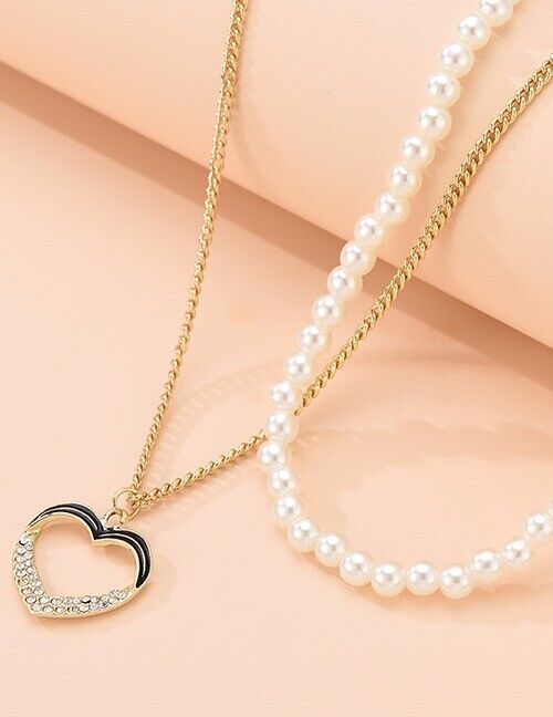 Pearl Gold Chain Necklace with Crystal Heart