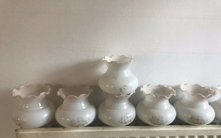 vintage milk white glass fluted Pink edge with floral flower design lamp shade £15 each 