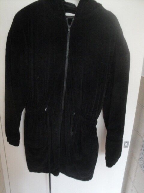 image for Girl's (suitable for some Schools)  or Ladies Black Velvety Type Finish Hooded Long Jacket / Coat 