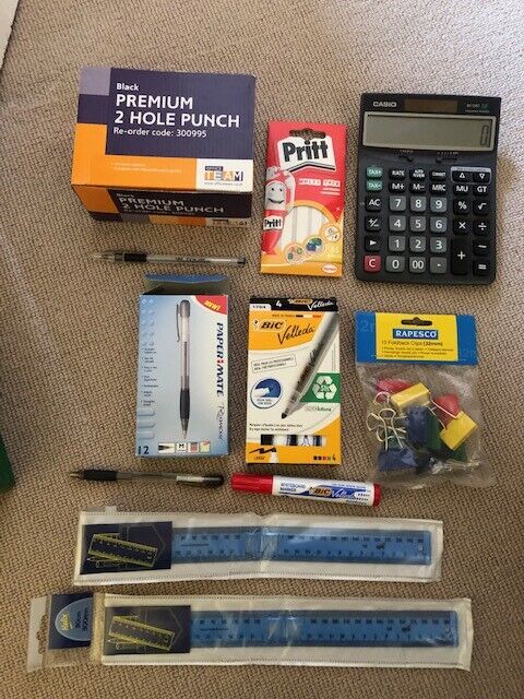 Stationery: Bic Velleda Whiteboard Markers, Paper Mate Ballpoint Pens, Hole punch, rulers, clips etc