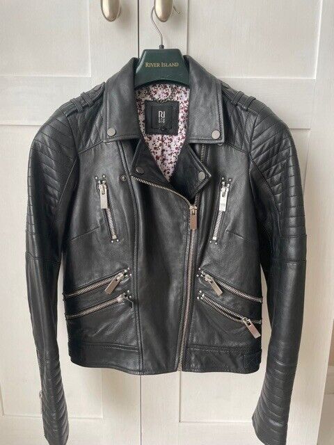 image for RIVER ISLAND 100%GENUINE LEATHER BLACK BIKER JACKET SIZE UK 10 , NEW RRP £200