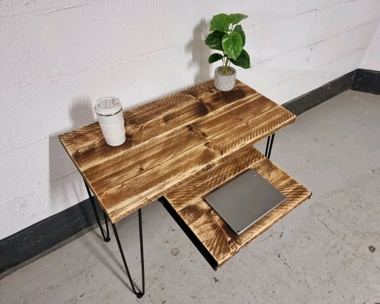Rustic Desk, with Retractable Keyboard Shelf & Steel Hairpin Legs